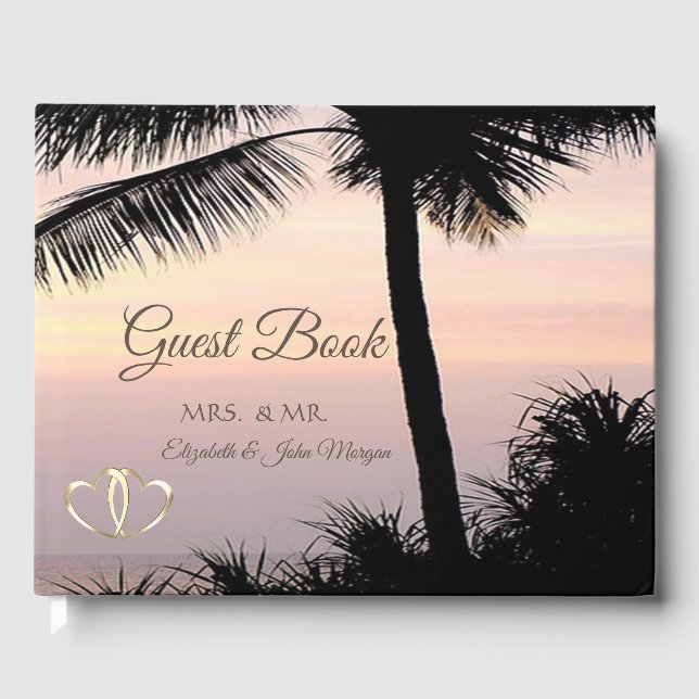 Livro De Visitas Palmeiras de Praia Pôr do Sol Corações Casamento (Frente)