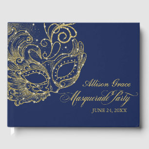 Livro De Visitas Partido Mascarada da Quinceanera Dourado Azul