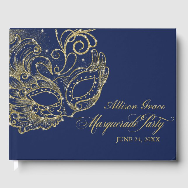 Livro De Visitas Partido Mascarada da Quinceanera Dourado Azul (Frente)