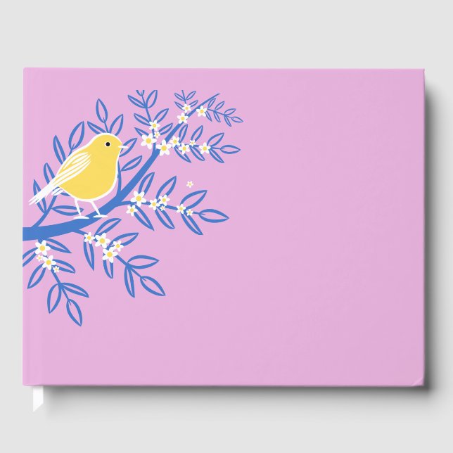Livro De Visitas Pássaro Amarelo Ilustrado em um Fundo Rosa (Frente)