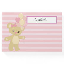 PASTEL PINK STRIPES COM TAN TEDDY BEAR E BALÕES