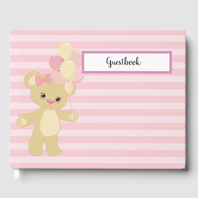 LIVRO DE VISITAS PASTEL PINK STRIPES COM TAN TEDDY BEAR E BALÕES (Frente)