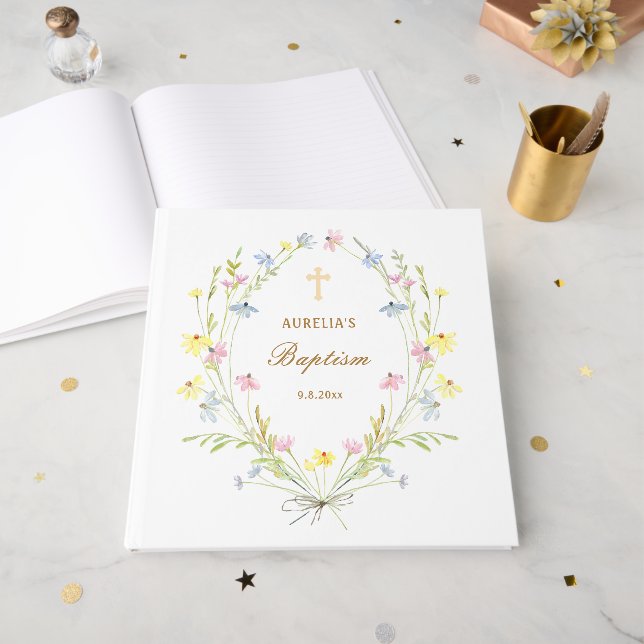 Livro De Visitas Pastel Wildflower Baptism (Frente aberta)