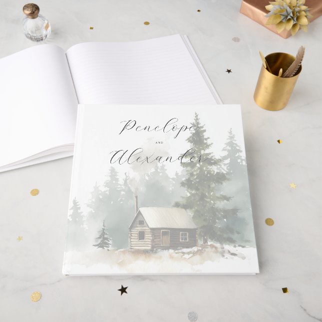 Livro De Visitas Peaceful Muted Watercolor Cabin Scene (Frente aberta)