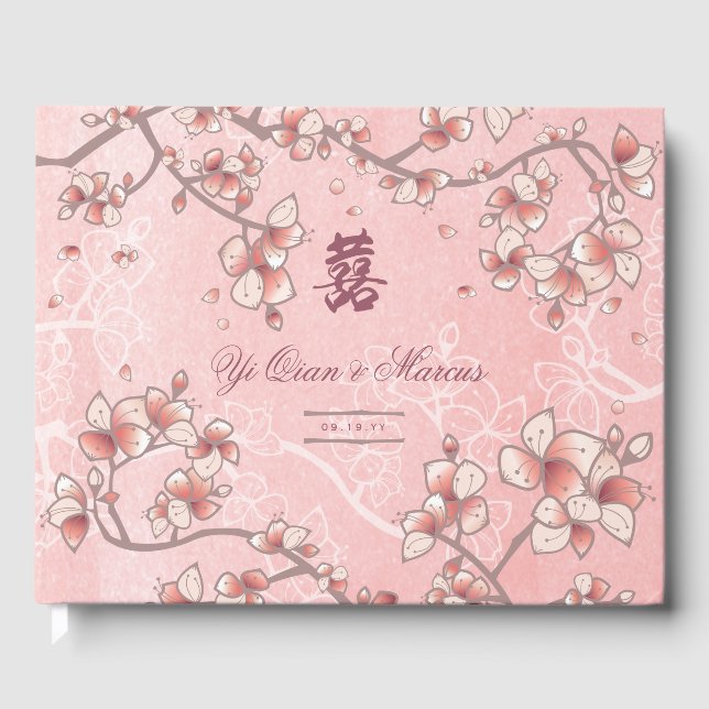 Livro De Visitas Peach Blossoms Dupla Felicidade Casamento Chinês (Frente)