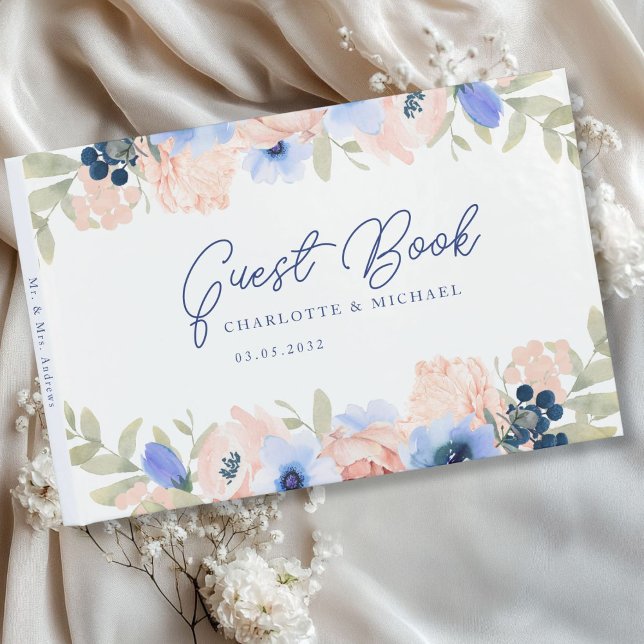 Livro De Visitas Peach Blue Blush Weds (Peach Blue Blush Wedding Guest Book with your name and date.)