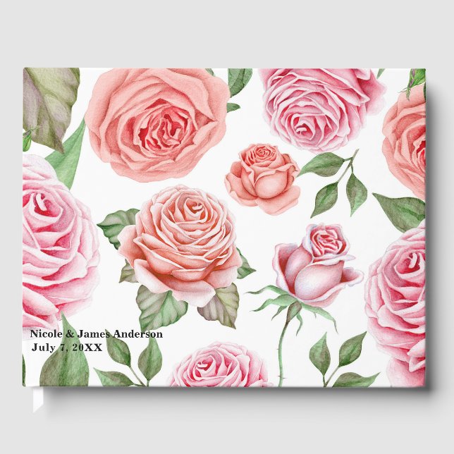 Livro De Visitas Peach Coral Roses Rosa Greenery Deixa Casamento (Frente)