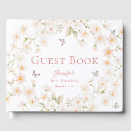 Livro De Visitas Peach Floral Butterfly Girl First Birthday Guest