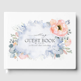 Livro De Visitas Peach Watercolor Flowers Dusty Blue Casamento