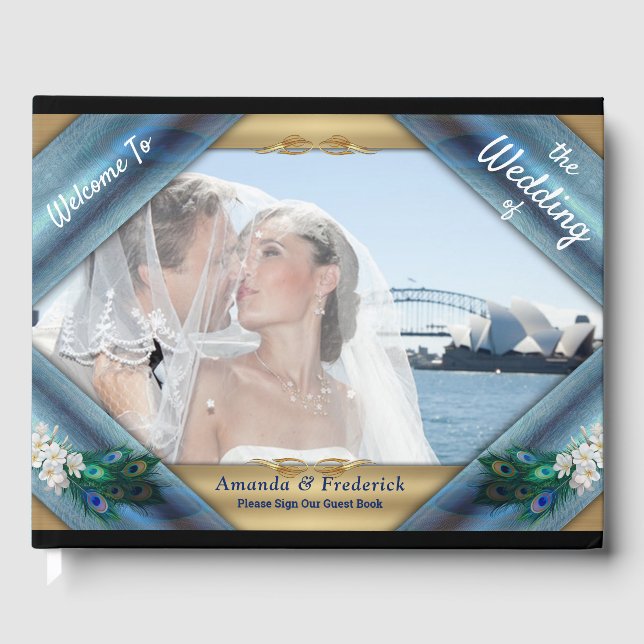 Livro De Visitas Peacocks Azul-Verde Metálicos na Emerald Green Sil (Frente)