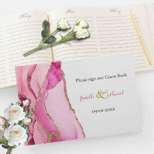 Livro De Visitas Pedra de Ágata Rosa e Dourada Elegante para Casame
