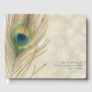 Livro De Visitas Pena Exótica Dourada de Pavão Casamento Elegante