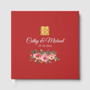 Livro De Visitas Peony floral dupla felicidade chinesa vermelha de