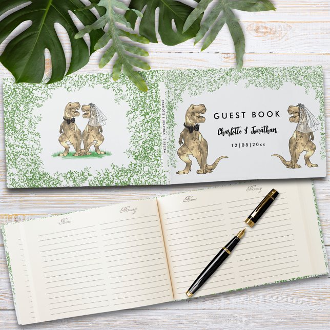 Livro De Visitas Personalidade de Casamento do Tema do Dinossauro (Dinosaur themed wedding guest book with funny T-Rex bride and groom and Jurassic jungle foliage )