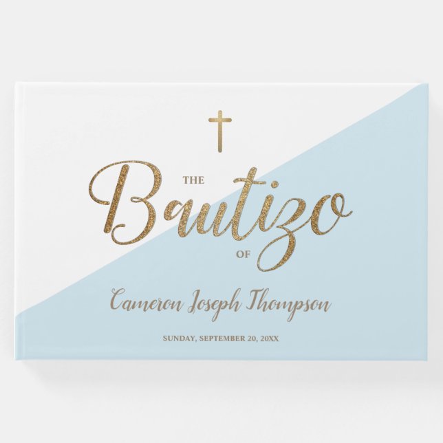 Livro De Visitas Personalizado Moderno Ouro Azul Cruz Bebê Bautizo (Frente)