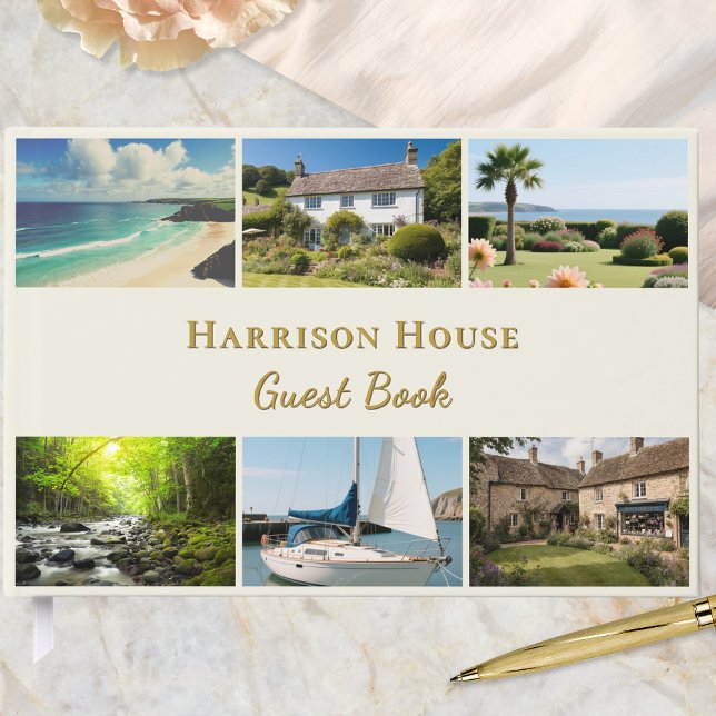 Livro De Visitas Personalized 6 Photo Home, Rental or Wedding (A guest book in elegant cream and faux gold, customizable with 6 photos, title, and text on the back)