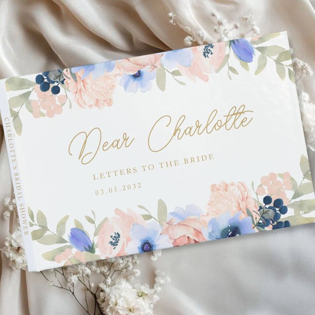 Livro De Visitas Pêssego Chá de panela azul esmagador (Peach Blue Blush Floral Bridal Shower Guest Book with your name and date.)