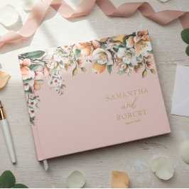 Livro De Visitas Pêssego Elegante e Casamento Floral Dourado
