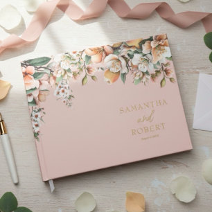 Livro De Visitas Pêssego Elegante e Casamento Floral Dourado