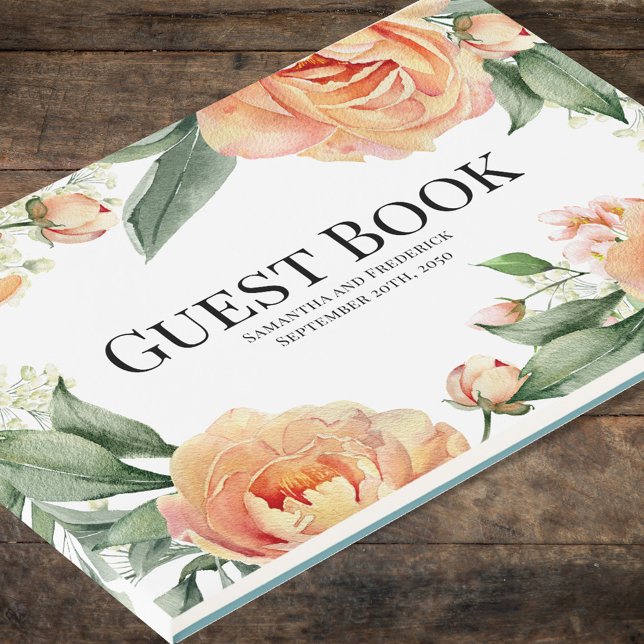 Livro De Visitas Pessel Floral Blue (Elegant wedding guest book with peach floral design. )