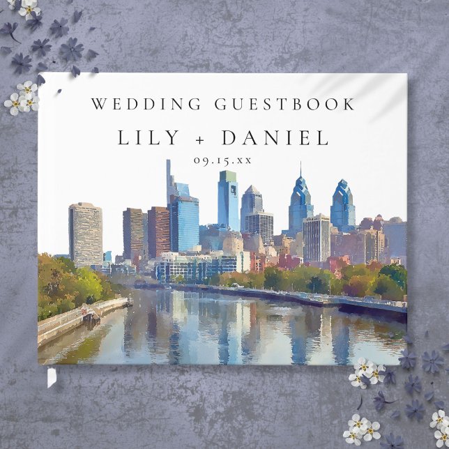 Livro De Visitas Philadelphia Skyline Watercolor Wedding (Philadelphia Skyline Watercolor Wedding Guest Book)