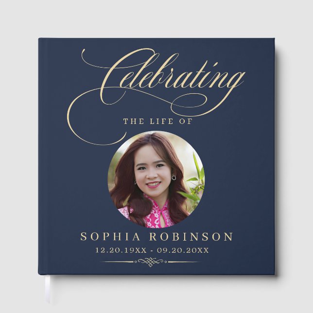 Livro De Visitas Photo Elegant Blue Gold Script Funeral Memorial  (Frente)