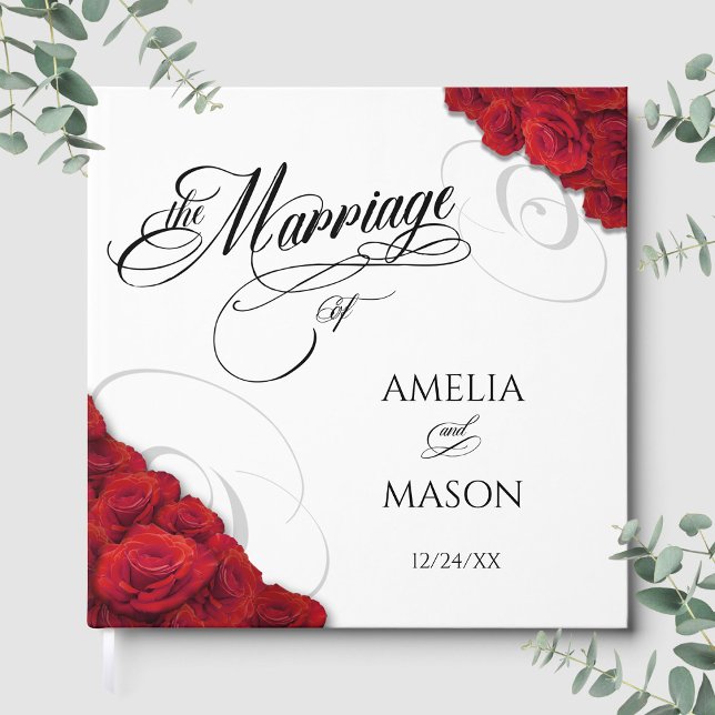 Livro De Visitas Photo Red Roses Calligraphy Script Square Wedding (Photo Red Roses Calligraphy Script Square Wedding Guest Book Front)