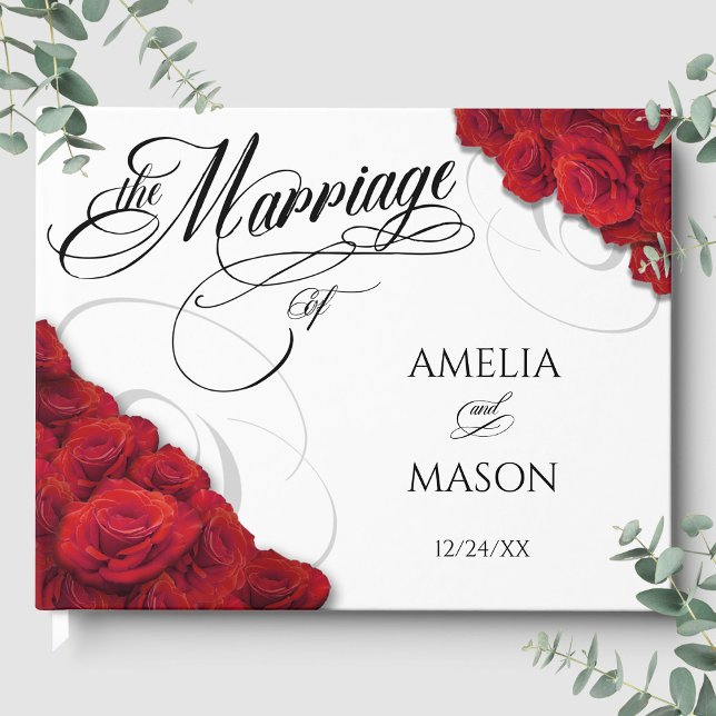 Livro De Visitas Photo Red Roses Calligraphy Script Wedding (Photo Red Roses Calligraphy Script Wedding Guest Book Front)