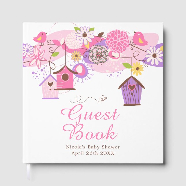 Livro De Visitas Pink and Purple Floral Bird Houses Baby Shower (Frente)