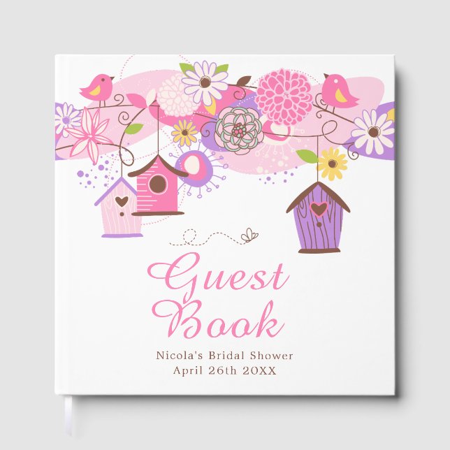 Livro De Visitas Pink and Purple Floral Bird Houses Bridal Shower (Frente)