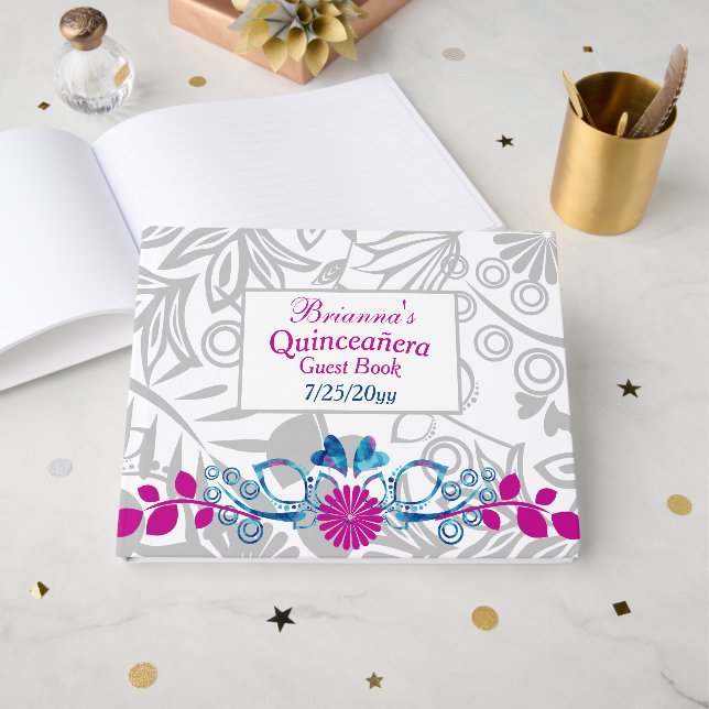 Livro De Visitas Pink, Blue, Gray Quinceañera Guest Book (Frente aberta)