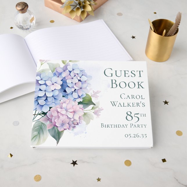 Livro De Visitas Pink Blue Hydrangeas 85th Birthday  (Frente aberta)