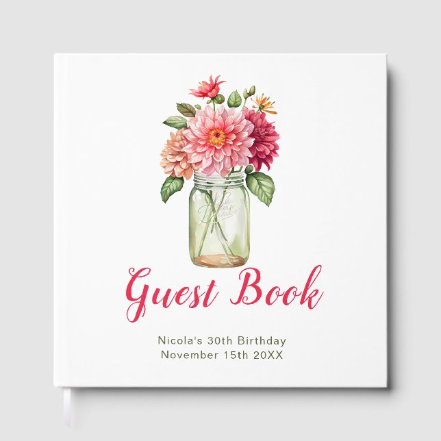 Livro De Visitas Pink Dahlias Mason Jar Birthday Party (Frente)