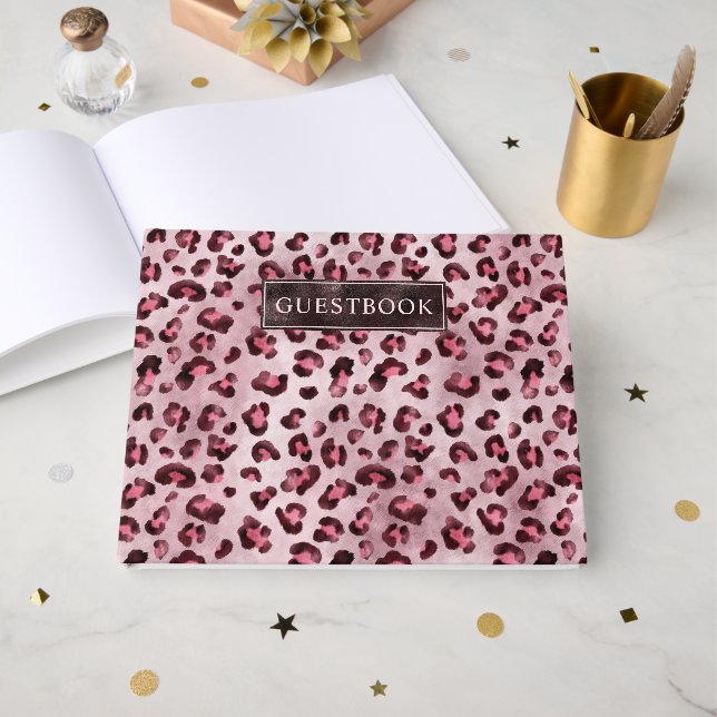 Livro De Visitas Pink Leopard Animal Print Pattern And Text (Frente aberta)