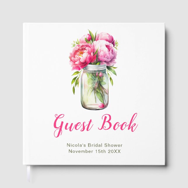 Livro De Visitas Pink Peonies Mason Jar Bridal Shower (Frente)