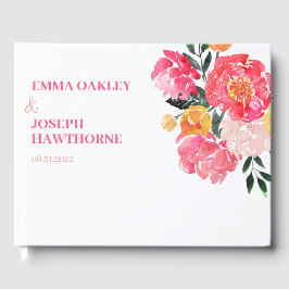 Livro De Visitas Pink Peony Boquet Floral sobre Casamento Verde