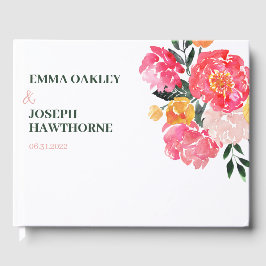 Livro De Visitas Pink Peony Boquet Floral sobre Casamento Verde