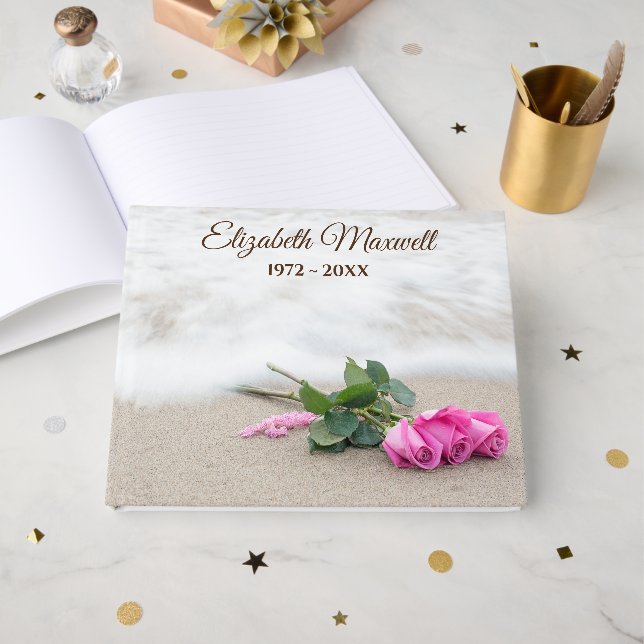 Livro De Visitas Pink Roses On Beach for Memorial Service (Frente aberta)