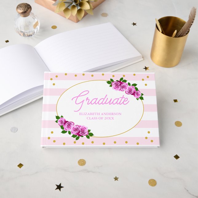 Livro De Visitas Pink Roses Striped Graduation Brunch (Frente aberta)