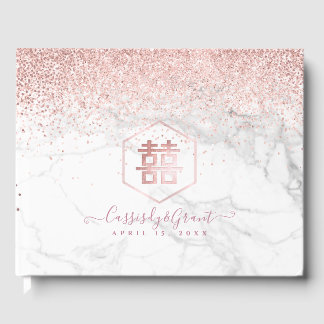 Livro De Visitas PixDezines Dupla Felicidade Mármore Dourado Rosa
