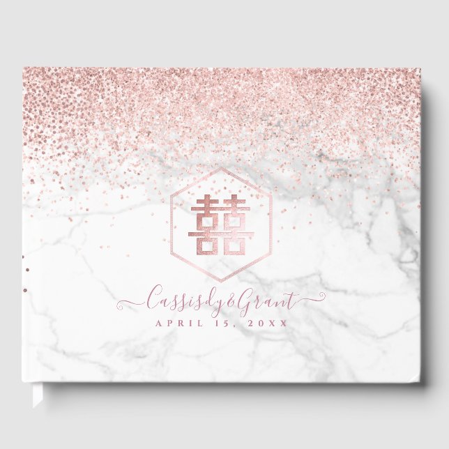 Livro De Visitas PixDezines Dupla Felicidade Mármore Dourado Rosa (Frente)