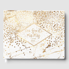 Livro De Visitas PixDezines MÁRMORE BRANCO+CONFETES DOURADOS FALSOS