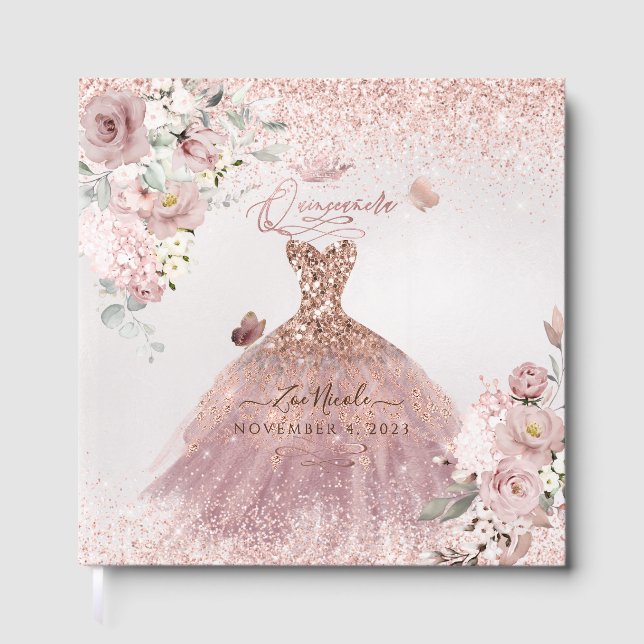 Livro De Visitas PixDezines Quinceanera Dusty Rosa Dourado (Frente)