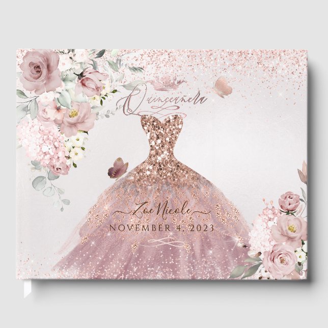 Livro De Visitas PixDezines Quinceanera Dusty Rosa Dourado (Frente)