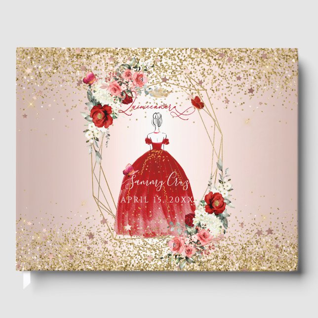 Livro De Visitas PixDezines Quinceanera H2 Flores Vermelho (Frente)