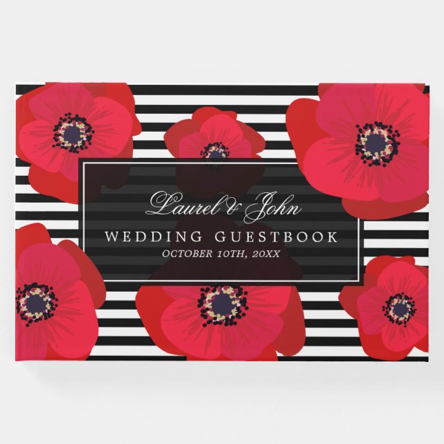 Livro De Visitas Poppies & Stripes - Casamento Preto e Vermelho (Frente)