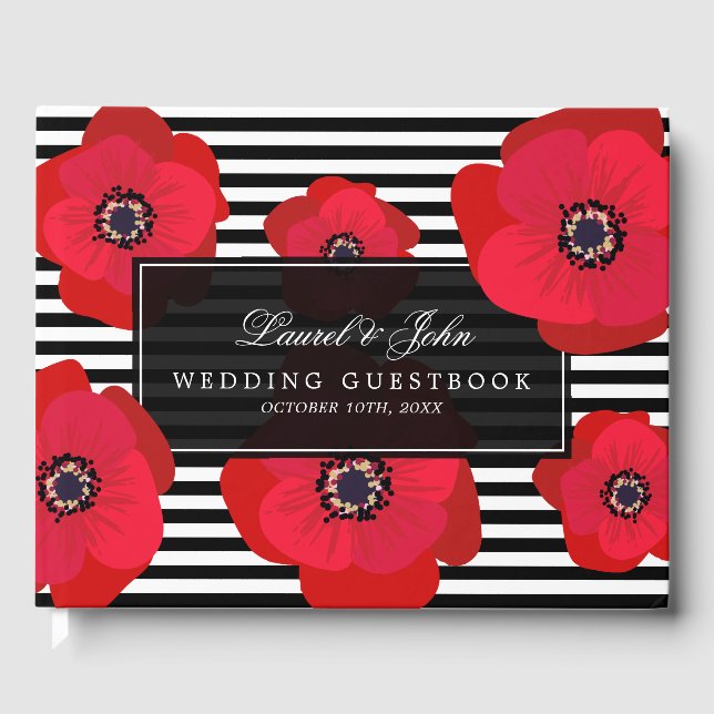Livro De Visitas Poppies & Stripes - Casamento Preto e Vermelho (Frente)