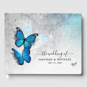 Livro De Visitas Prata Elegante de Aquarela e Borboleta Azul