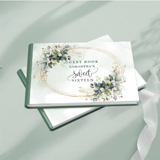 Livro De Visitas Premium Sweet 16 aquarela verde dourado folhagem