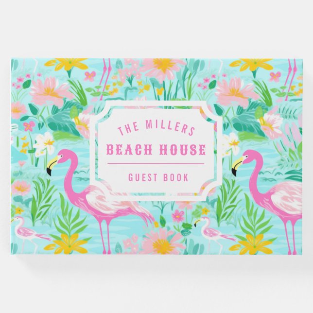 Livro De Visitas Preppy Summer Flamingo | Monograma (Frente)